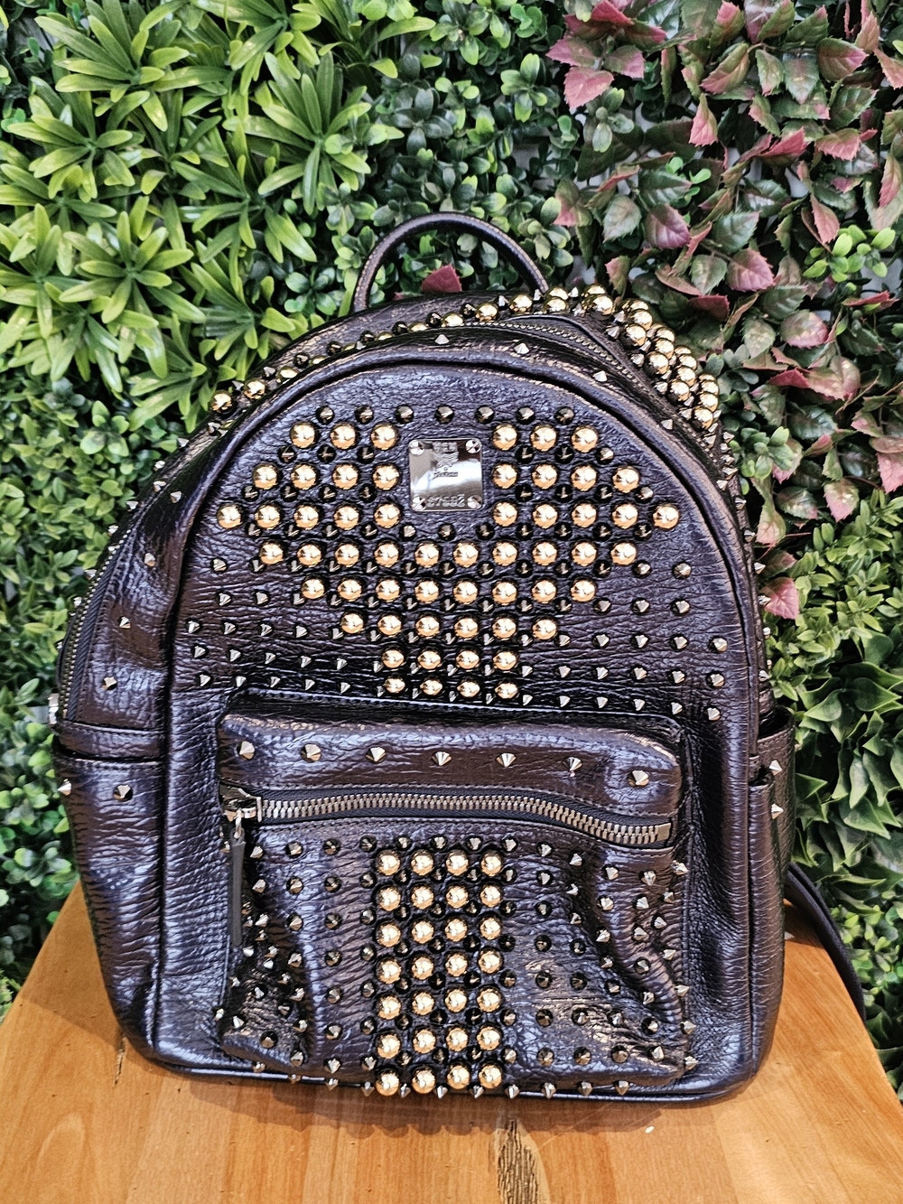 MCM Dark Brown Leather Studded Backpack with Gold Hardware